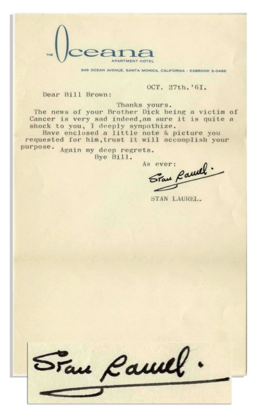 Stan Laurel Letter Signed With His Full Name -- Laurel Sends His Sympathies Following a Cancer Diagnosis